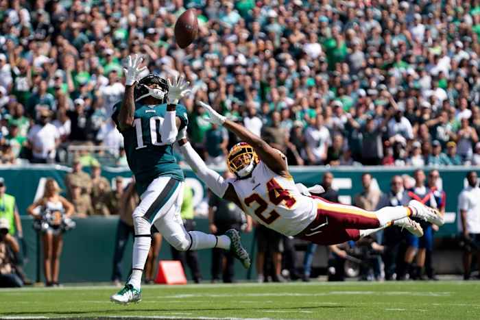 Philadelphia wide receiver DeSean Jackson (10) makes a 51-yard touchdown reception past Washington cornerback Josh Norman (24) during the second quarter at Lincoln Financial Field.